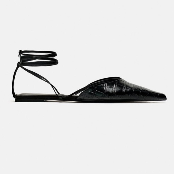 NWT Zara black embossed pointed toe flats with ankle laces size 6 - Picture 1 of 11